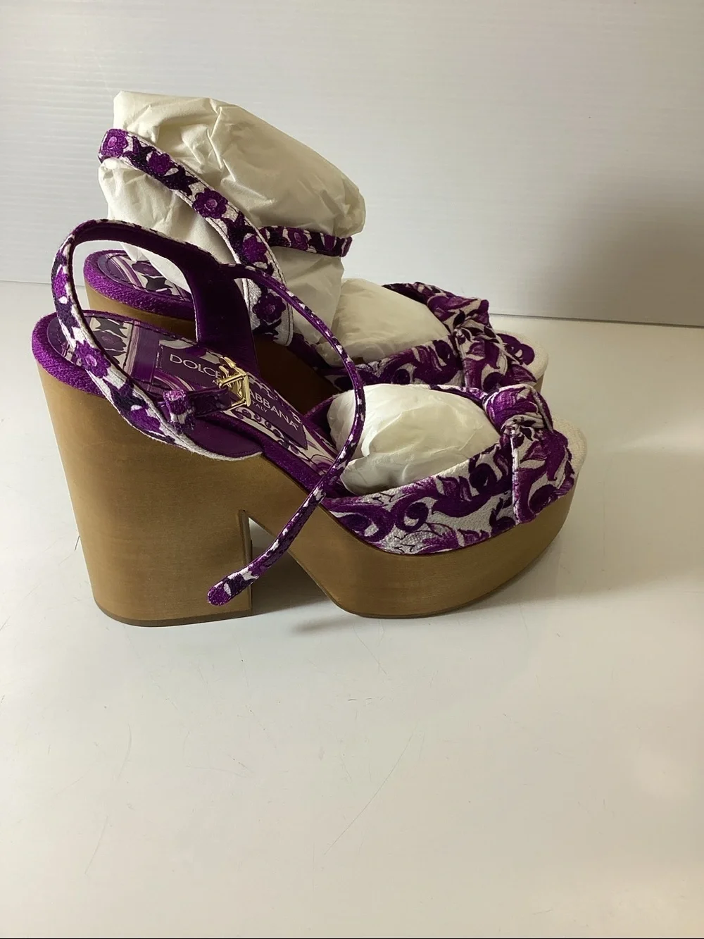 Dolce & Gabbana Purple Floral Platform Sandal with Wood Block Heel